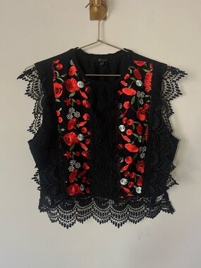 Go Fashion Black Lace Cotton camisole Boho grunge with Red Floral Embroidery L
